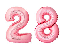 Number 28 Twenty Eight Made Of Rose Gold Inflatable Balloons Isolated On White Background. Pink Helium Balloons Forming 28 Twenty Eight Number