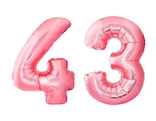 Wall Mural - Number 43 forty three made of rose gold inflatable balloons isolated on white background. Pink helium balloons forming 43 forty three number