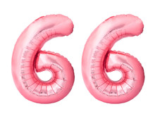Number 66 Sixty Six Made Of Rose Gold Inflatable Balloons Isolated On White Background. Pink Helium Balloons Forming 66 Sixty Six Number