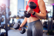 Woman In Red Top Training Bicep With Dumbbels In Gym. People, Fitness And Lifstyle Concept