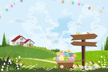Cute Cartoon Happy Easter Holiday Greeting Card, Easter Eggs In Basket And Cute Eggs Flag Hanging On A Clothesline, Landscape Springtime With House On Hills,wooden Sign, Blue Sky And Clouds.