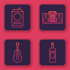 Sticker - Set line Beer can , Guitar , Home stereo with two speakers and Bottle of wine . Blue square button. Vector