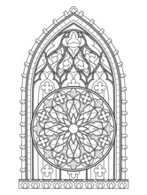 Black And White Fantasy Drawing For Coloring Book. Beautiful Stained Glass Window With Rose. Medieval Architecture. Decoration In Churches And Castles. Worksheet For Children And Adults. Vector Image.