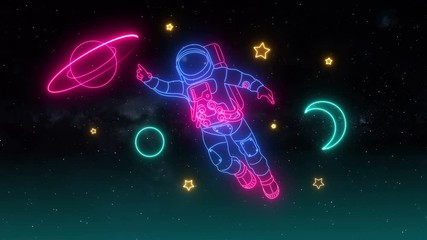 Wall Mural - Neon Light Astronaut Planets And Stars Glow On A Space Background. Cosmic Neon Sign, Bright Signboard, Light Banner, Space Logo, Emblem. Seamless Loop