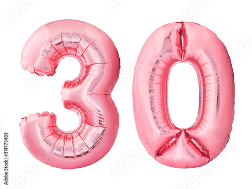 Fotomural Number 30 thirty made of rose gold inflatable balloons isolated on white background