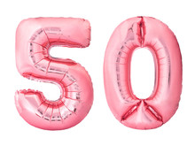Number 50 Fifty Made Of Rose Gold Inflatable Balloons Isolated On White Background. Pink Helium Balloons Forming 50 Fifty Number. Discount And Sale Or Birthday Concept