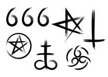 Set Of Hand Drawn Satanic Occult Signs And Mystic Symbols. Pentagram, 666 Number Of The Beast, Leviathan Cross And Inverted Cross. Can Be Used For Mobile, Infographic, Website, App Or Tattoo. Isolated