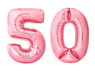 Wall Mural - Number 50 fifty made of rose gold inflatable balloons isolated on white background. Pink helium balloons forming 50 fifty number. Discount and sale or birthday concept