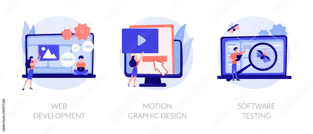 Website programming and coding. Computer animation designer. Bug fixing. Web development, motion graphic design, software testing metaphors. Vector isolated concept metaphor illustrations - obrazy, fototapety, plakaty 