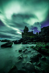 Wall Mural - Aurora Borealis (Northern Lights) above londrangar rock formation