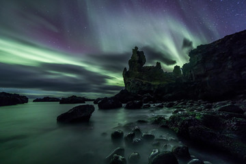 Wall Mural - Aurora Borealis (Northern Lights) above londrangar rock formation