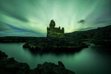 Wall Mural - Aurora Borealis (Northern Lights) above londrangar rock formation