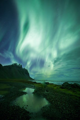 Wall Mural - Aurora Borealis (Northern Lights) above Stokksnes Beach and Vestrahorn Mountains, Iceland