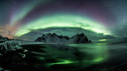 Wall Mural - Aurora Borealis (Northern Lights) above Stokksnes Beach and Vestrahorn Mountains, Iceland