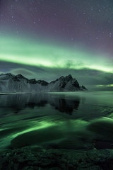 Wall Mural - Aurora Borealis (Northern Lights) above Stokksnes Beach and Vestrahorn Mountains, Iceland