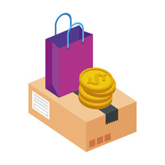 Canvas Print - box package with bag shopping and coins isolated icon