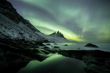 Wall Mural - Aurora Borealis (Northern Lights) above Stokksnes Beach and Vestrahorn Mountains, Iceland