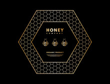 Honey Logo With Gold Gradient Honeybee In Frame Hexagon.