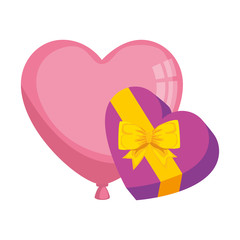 Sticker - gift in heart shape with balloon air helium isolated icon vector illustration design