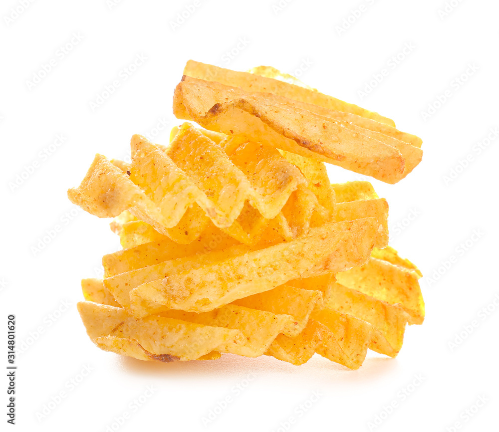 Tasty potato chips on white background
