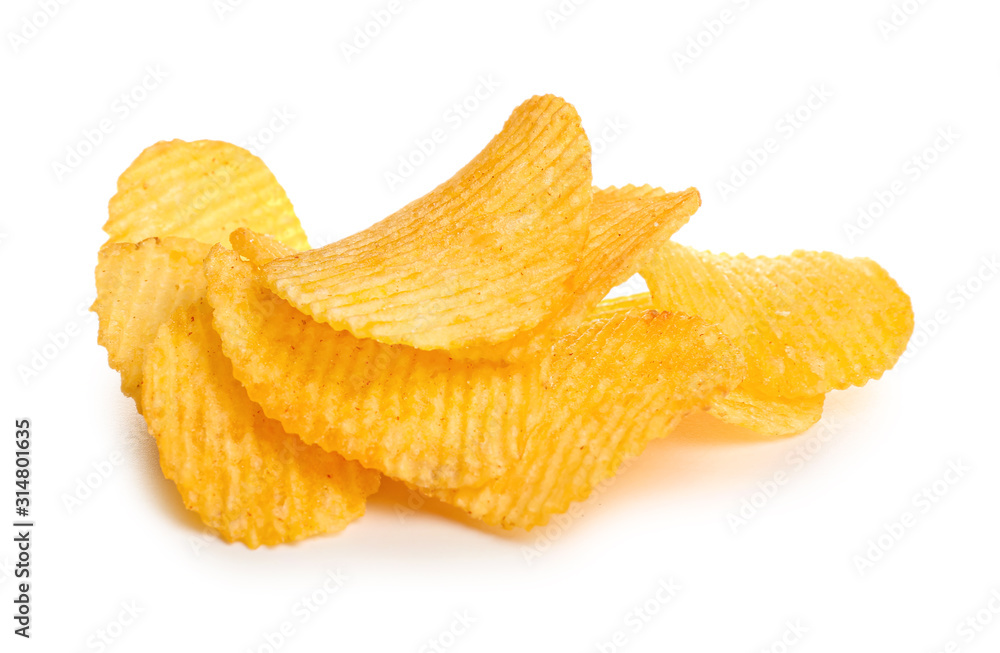 Tasty potato chips on white background