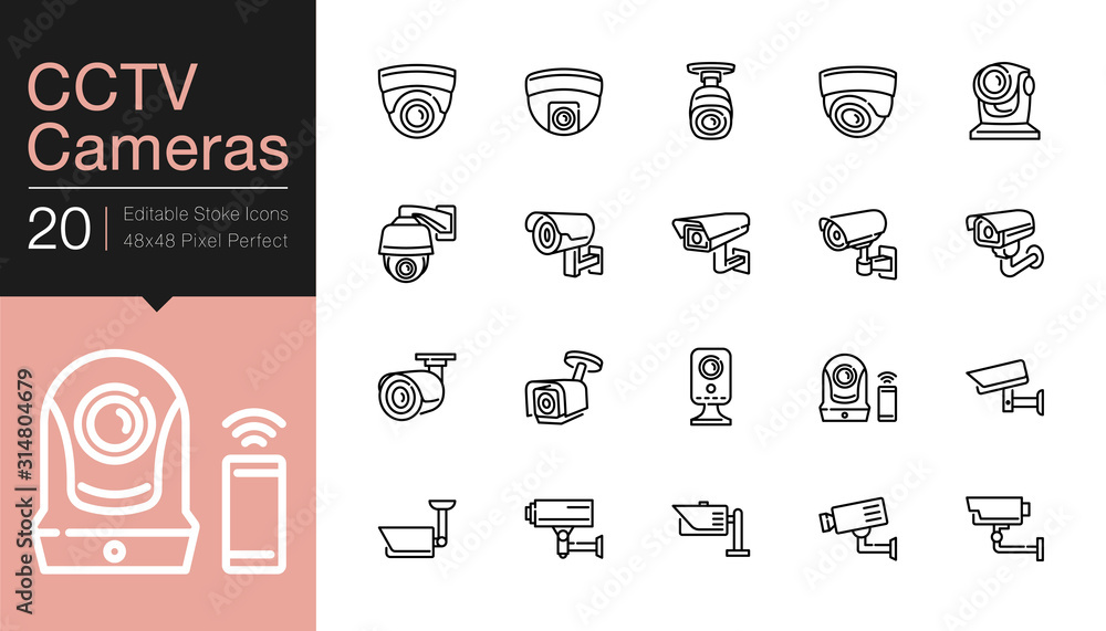 CCTV Cameras & Security Camera Systems icons. Modern line design. For presentation, graphic design, mobile application, web design, infographics, UI. Editable Stroke. - obrazy, fototapety, plakaty 