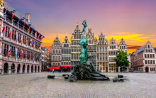 Brabo Fountain On Market Square, Center Of Antwerp, Belgium
