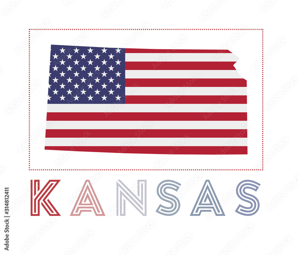 Kansas Logo. Map of Kansas with us state name and flag. Powerful vector illustration. - obrazy, fototapety, plakaty 
