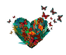 The Heart With Flowers And With Butterflies. Happy Valentine's Day. Vector