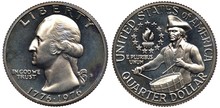 Unites States Coin Quarter Dollar 1976, Subject Bicentennial Of Independence, Head Of George Washington Left, Dates Below, Torch Surrounded By Thirteen Stars Left To Drummer Boy,