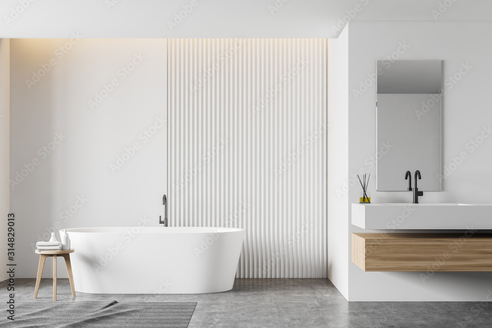 White bathroom interior with tub and sink - obrazy, fototapety, plakaty 