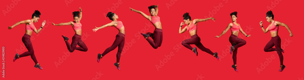 Panoramic collage of jumping sporty girl over red background - obrazy, fototapety, plakaty 
