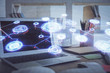 © peshkova - Computer on desktop with social network theme icon. Multi exposure. Concept of international connections.