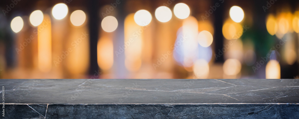 Empty black marble stone table top and blur glass window interior restaurant and night club banner mock up abstract background - can used for display or montage your products. - obrazy, fototapety, plakaty 