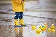 © Tomsickova - Beautiful funny blonde toddler boy with rubber ducks and colorful umbrella, jumping in puddles and playing in the rain