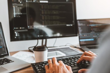 Developing programmer Development Website design and coding technologies working in software company office