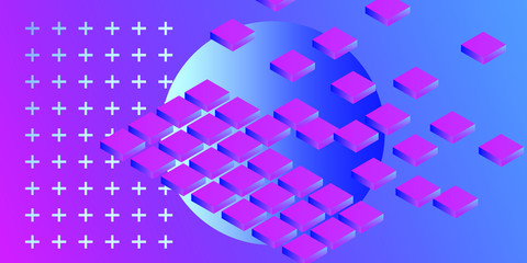 Aufkleber - Abstract geometric minimal background with 3d isometric blocks in neon 80's-90's fluorescent lighting. Retrofuturistic Vaporwave and Synthwave style illustration.