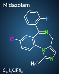 Poster - Midazolam molecule. Is a short-acting drug with anxiolytic, anticonvulsant, hypnotic, muscle relaxant, sedative, amnesic properties. Structural chemical formula on the dark blue background