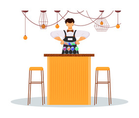 Wall Mural - hotel barman flat color vector illustration. service staff, personnel. bar chef with colorful bevera