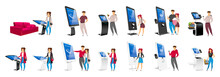 People Using Self Order Kiosks Flat Color Vector Faceless Characters Set. Interactive Machine Users Isolated Cartoon Illustrations On White Background. Electronic Eqipment And Touchscreen Counters