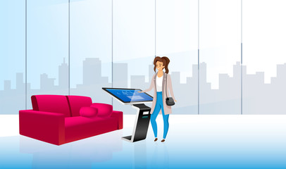 Wall Mural - smiling woman with online catalogue flat color vector illustration. customer near product promotion 