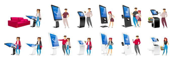 Wall Mural - people using self order kiosks flat color vector faceless characters set. interactive machine users 