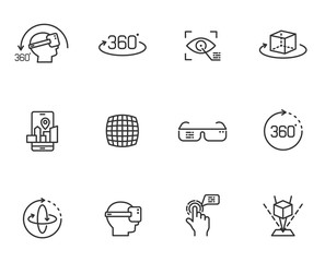 Virtual reality and augmented reality outline vector icon set isolated on white background. 3D visualization technology outline icons for web, mobile apps, ui design. AR and VR technology symbols