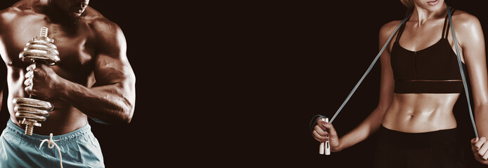 cropped of afro bodybuilder and fitness girl over black background