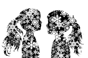 Sticker - Vector silhouette of snowy profile girls on white background. Symbol of child in winter with snowflakes.