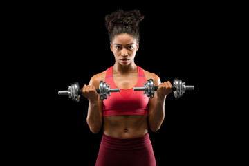 Wall Mural - Athletic afro girl having work out with barbells