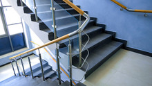 Stainless Steel, Glass And Wood Railing.Fall Protection. Modern Design Of Handrail And Staircase