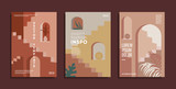 Fototapeta  - Minimal geometric covers. Staircases, archs and flowers composition. 