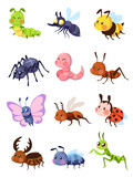 Fototapeta Pokój dzieciecy - Cartoon insects. Cute grasshopper and ladybug, caterpillar and butterfly. Mosquito and spider. Fly, ant and mantis vector set
