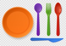 Disposable Plastic Tableware. Realistic Colorful Kids Cutlery. Spoon, Fork And Knife, Picnic Kitchenware. Isolated Vector Set